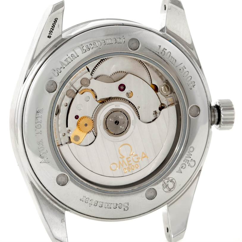 The image shows the back view of an Omega Aqua Terra 2502.30.00 Men
s Stainless Steel Blue Dial 2502.30.00 Men
s Stainless Steel Blue Dial watch, highlighting its internal mechanical movement and Co-Axial escapement.