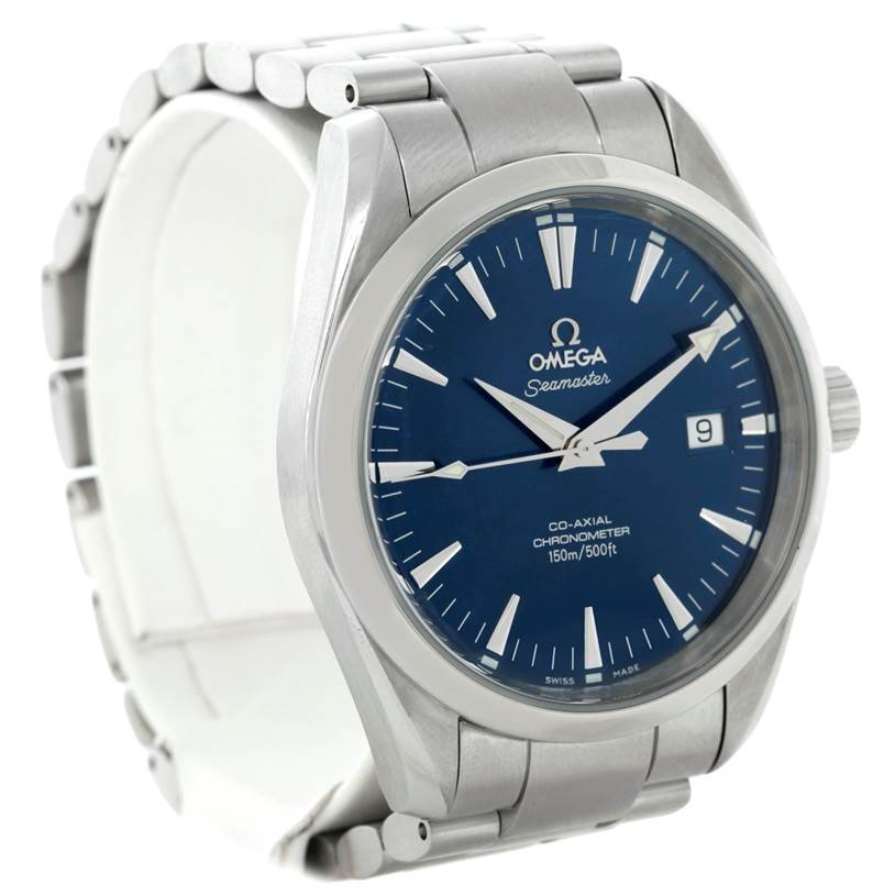 This Omega Aqua Terra 2502.30.00 Men
s Stainless Steel Blue Dial 2502.30.00 Men
s Stainless Steel Blue Dial watch is shown at a front angle, displaying the blue dial, hour markers, date window, and stainless steel bracelet.