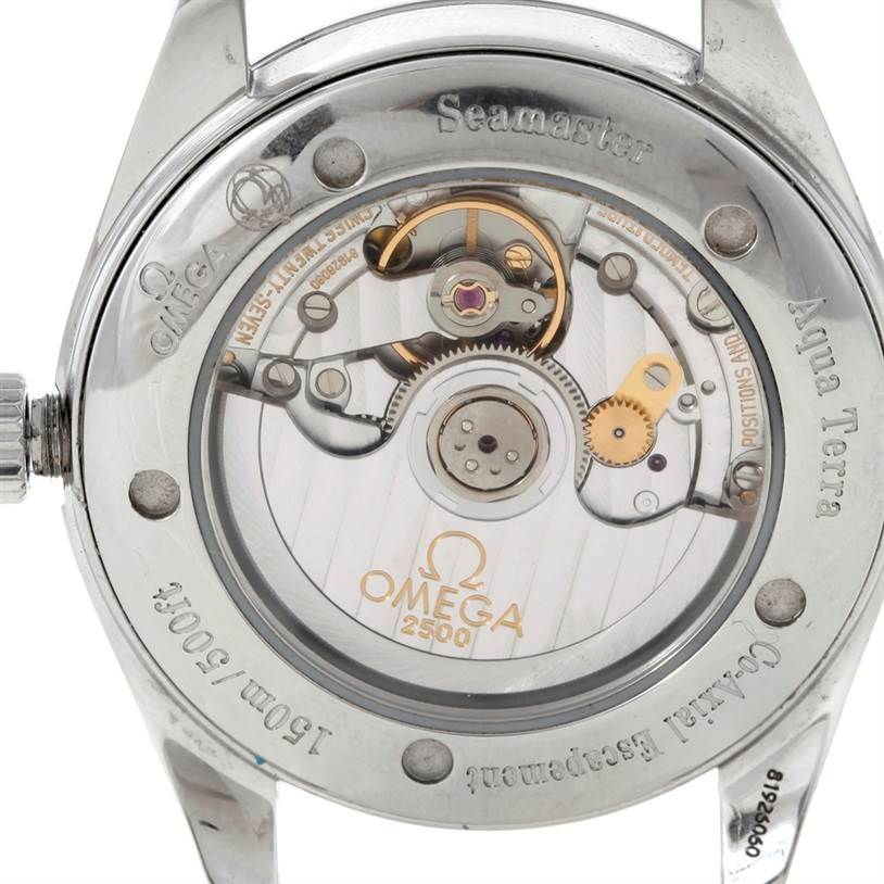 This image shows the back view of an Omega Aqua Terra 2502.30.00 Men
s Stainless Steel Blue Dial 2502.30.00 Men
s Stainless Steel Blue Dial watch, showcasing its inner mechanical movement.
