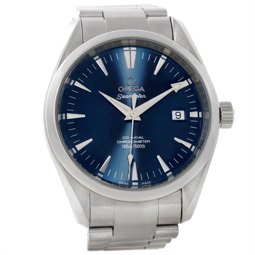 The image shows a front view of the Omega Aqua Terra 2502.30.00 Men
s Stainless Steel Blue Dial 2502.30.00 Men
s Stainless Steel Blue Dial watch with a blue dial and stainless steel bracelet.
