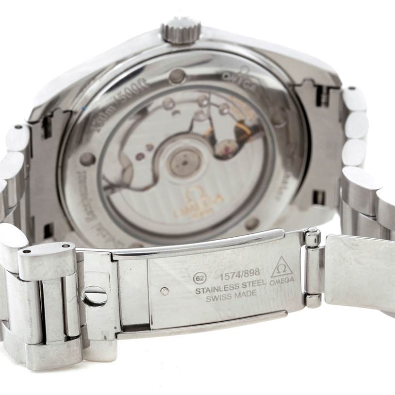 The image shows the back view of an Omega Aqua Terra 2502.30.00 Men
s Stainless Steel Blue Dial 2502.30.00 Men
s Stainless Steel Blue Dial watch, highlighting its movement and stainless steel clasp.