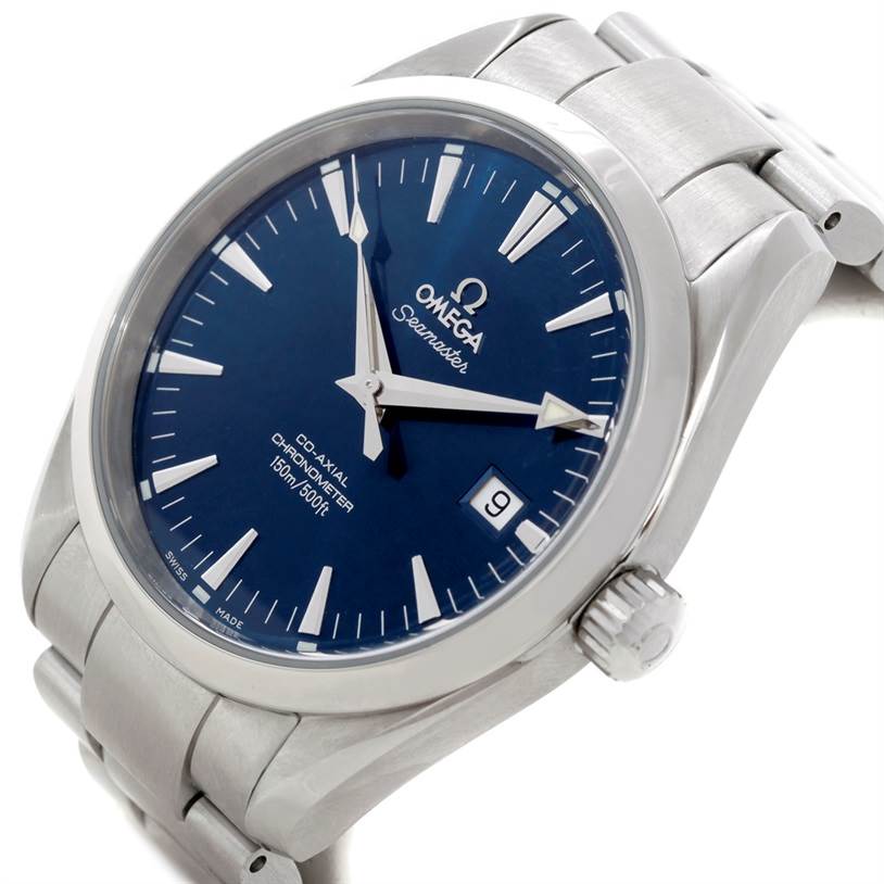 The image shows the Omega Aqua Terra 2502.30.00 Men
s Stainless Steel Blue Dial 2502.30.00 Men
s Stainless Steel Blue Dial watch at a slight angle, highlighting the face, bezel, crown, and part of the bracelet.