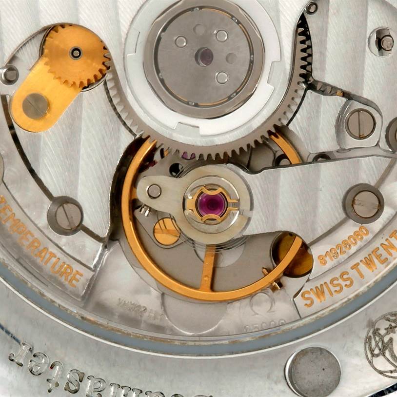 This close-up image shows the intricate internal mechanical parts of an Omega Aqua Terra 2502.30.00 Men
s Stainless Steel Blue Dial 2502.30.00 Men
s Stainless Steel Blue Dial watch model.