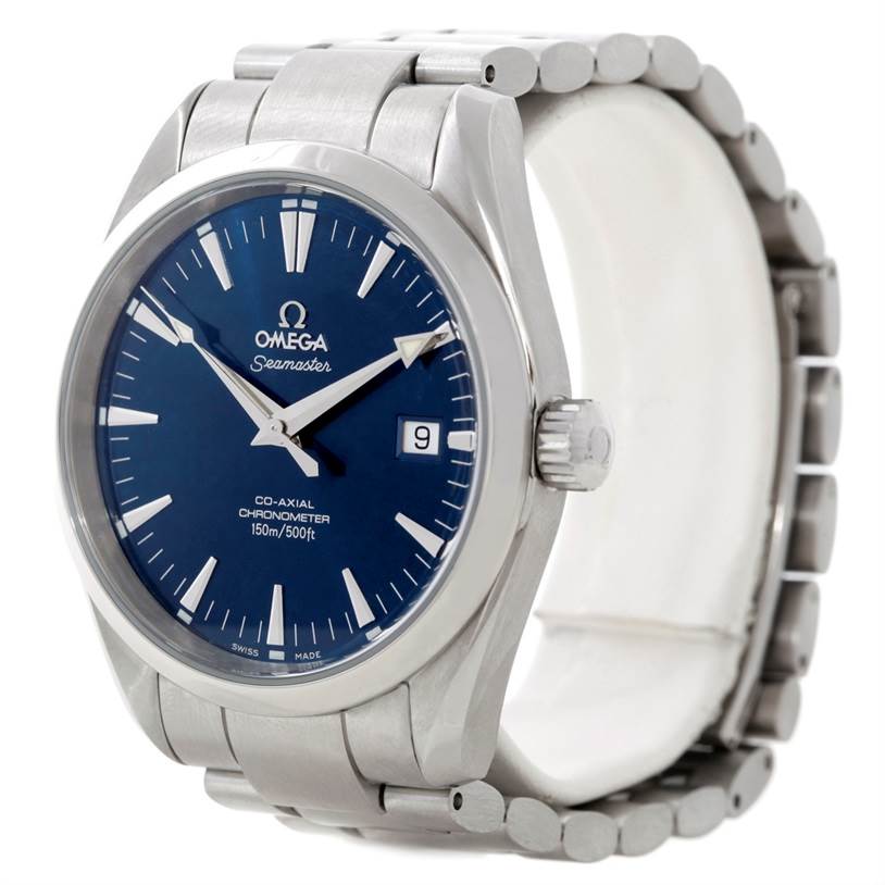 The image shows an Omega Aqua Terra 2502.30.00 Men
s Stainless Steel Blue Dial 2502.30.00 Men
s Stainless Steel Blue Dial watch at an angled front view, showcasing the dial, bezel, and a portion of the bracelet.