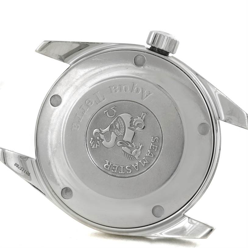 The image shows the back casing of an Omega Aqua Terra 2502.30.00 Men's Stainless Steel Black Dial 2502.30.00 Men's Stainless Steel Black Dial watch, viewed from the rear.