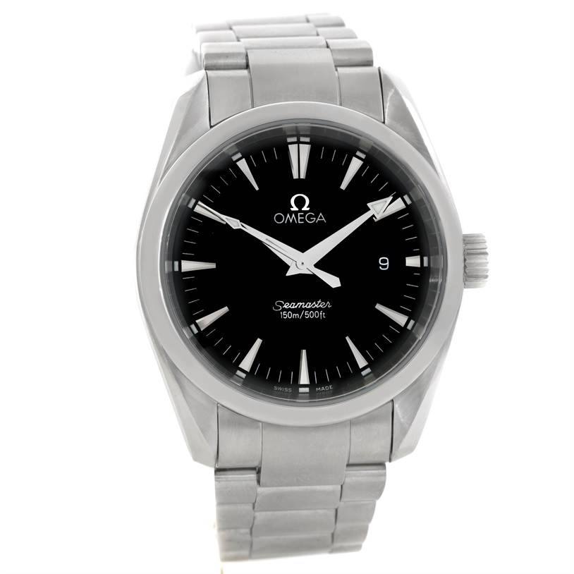 The image shows a frontal view of the Omega Aqua Terra 2502.30.00 Men's Stainless Steel Black Dial 2502.30.00 Men's Stainless Steel Black Dial Seamaster watch, displaying the dial, bracelet, and crown.
