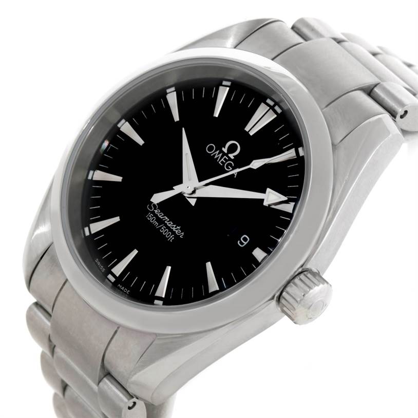 The Omega Aqua Terra 2502.30.00 Men's Stainless Steel Black Dial 2502.30.00 Men's Stainless Steel Black Dial watch is shown at a tilted angle, highlighting its face, crown, and stainless steel bracelet.