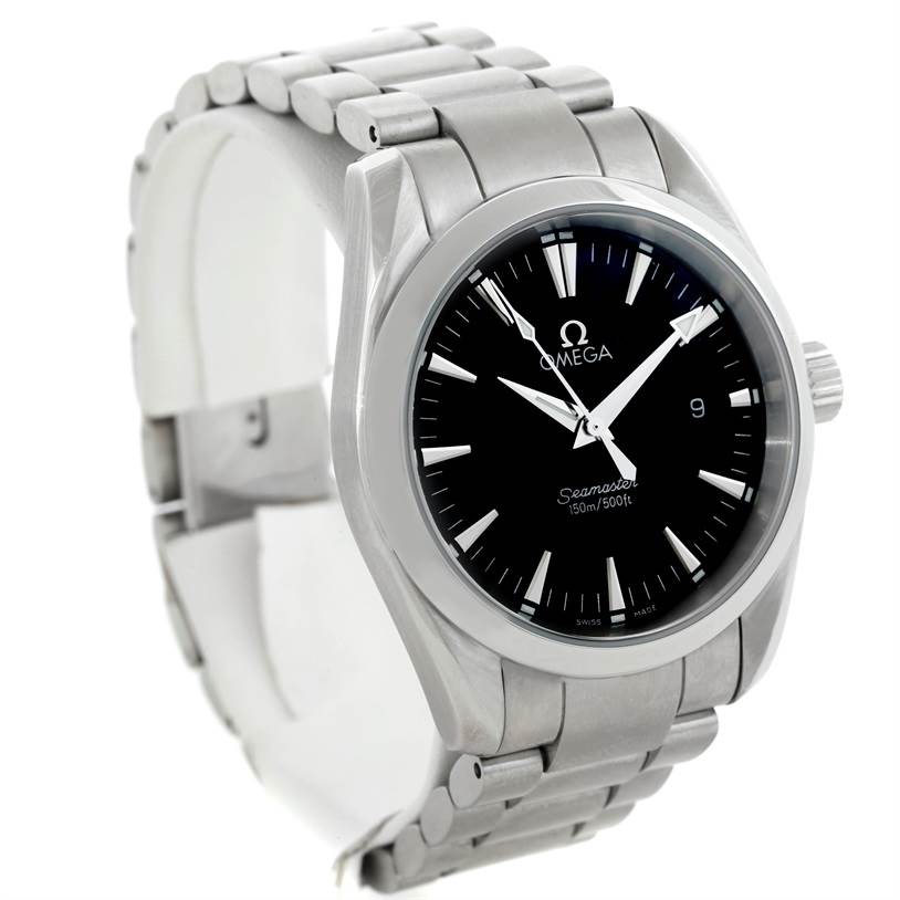 The image shows an Omega Aqua Terra 2502.30.00 Men's Stainless Steel Black Dial 2502.30.00 Men's Stainless Steel Black Dial watch, angled from the front left, displaying its face, bezel, and bracelet.