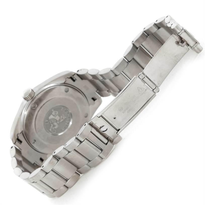 The image shows the back case and metal bracelet clasp of the Omega Aqua Terra 2502.30.00 Men's Stainless Steel Black Dial 2502.30.00 Men's Stainless Steel Black Dial watch from an angled view.