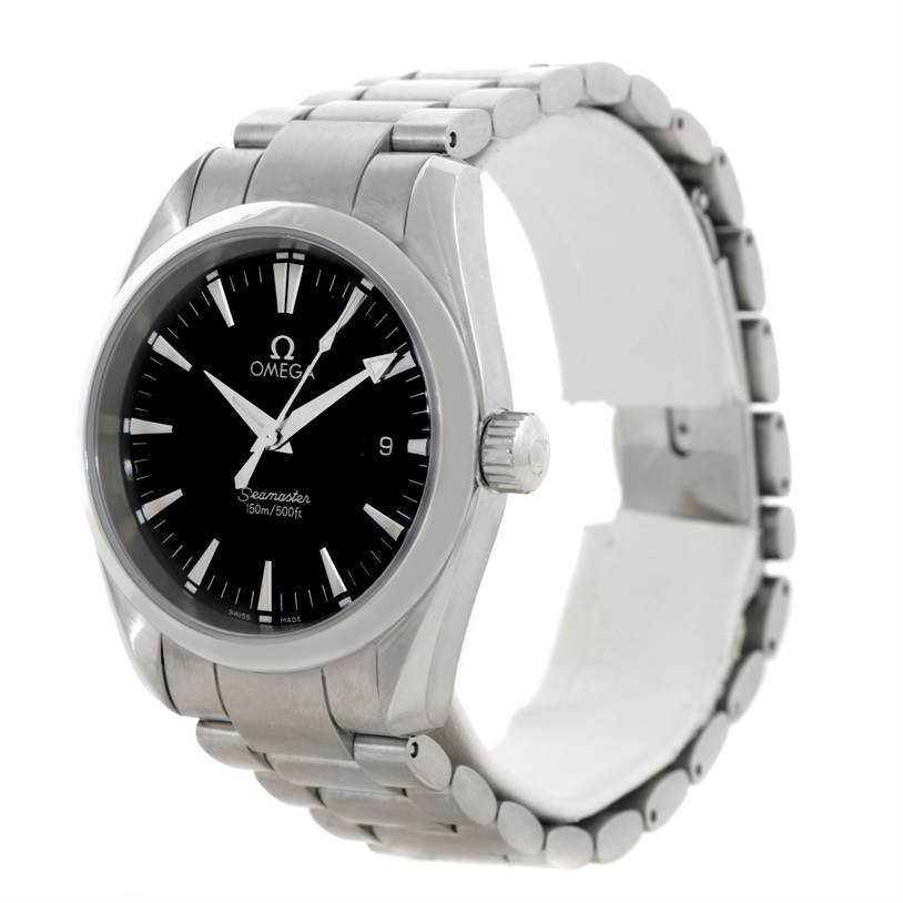 The image shows a side angle of an Omega Aqua Terra 2502.30.00 Men's Stainless Steel Black Dial 2502.30.00 Men's Stainless Steel Black Dial Seamaster watch, highlighting its stainless steel bracelet and dial.