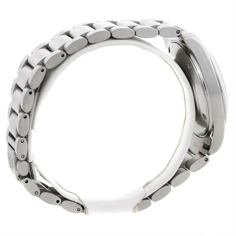 Side view of an Omega Aqua Terra 2502.30.00 Men's Stainless Steel Black Dial 2502.30.00 Men's Stainless Steel Black Dial watch showing the stainless steel bracelet and case.