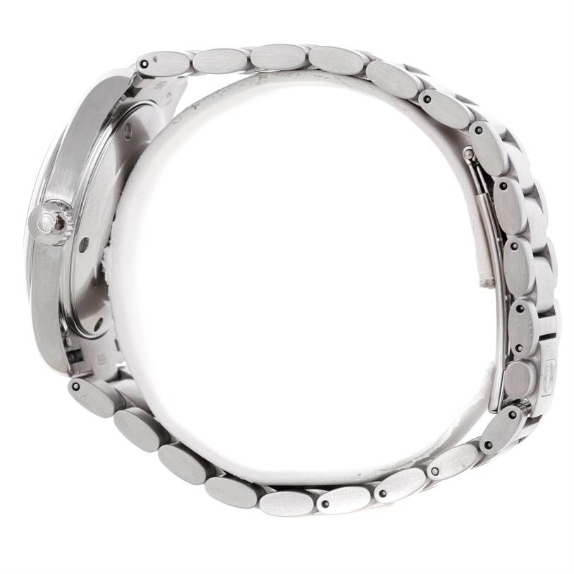 The image shows the side profile of an Omega Aqua Terra 2502.30.00 Men's Stainless Steel Black Dial 2502.30.00 Men's Stainless Steel Black Dial watch, highlighting the case, crown, and metal bracelet.