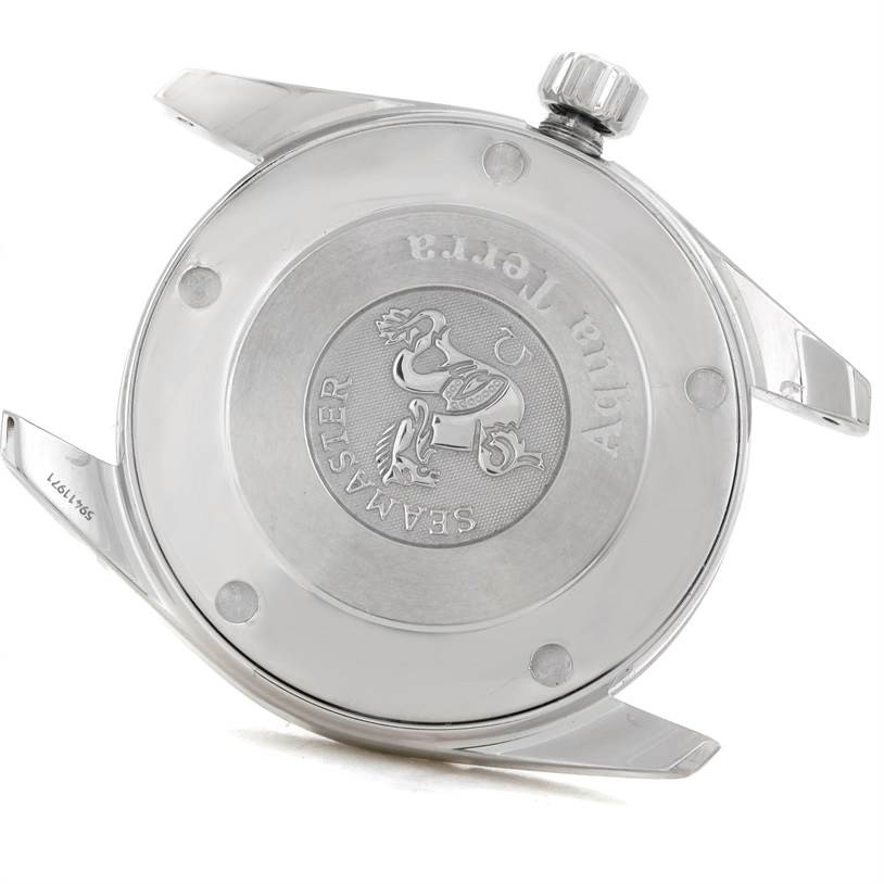 The image shows the case back of the Omega Aqua Terra 2518.30.00 Men
s Stainless Steel Silver Dial 2518.30.00 Men
s Stainless Steel Silver Dial watch at an angled view, displaying the Seamaster logo.