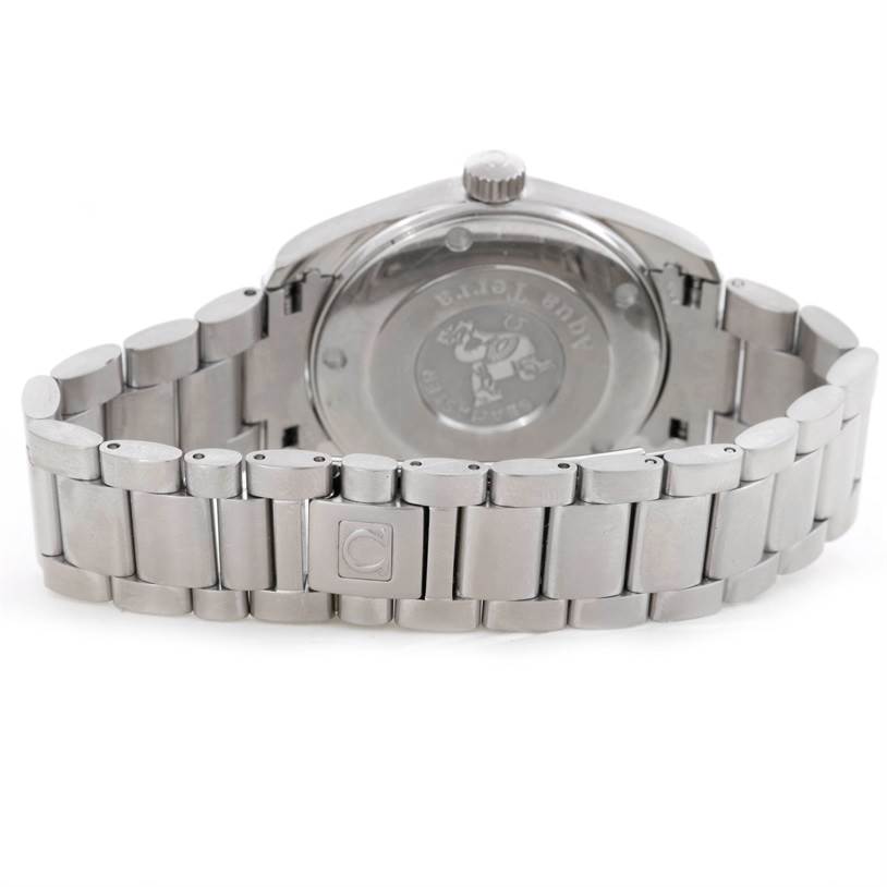 The image shows the back view of an Omega Aqua Terra 2518.30.00 Men
s Stainless Steel Silver Dial 2518.30.00 Men
s Stainless Steel Silver Dial watch with the bracelet and case back visible.