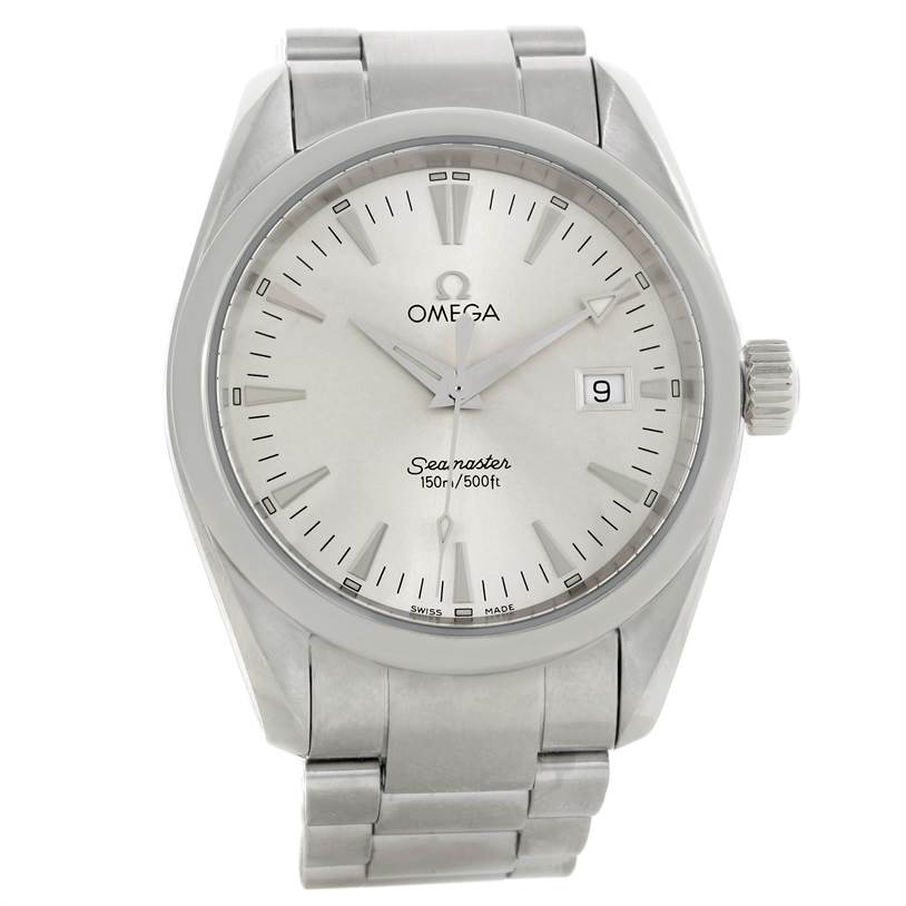 The image shows a front view of the Omega Aqua Terra 2518.30.00 Men
s Stainless Steel Silver Dial 2518.30.00 Men
s Stainless Steel Silver Dial Seamaster watch, displaying its dial, bezel, and part of the bracelet.