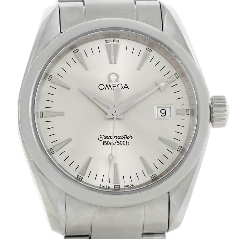 This image shows a front view of an Omega Seamaster Aqua Terra watch, highlighting the dial, hands, crown, and part of the bracelet.
