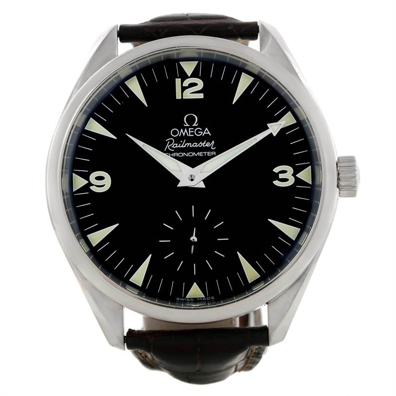 The image shows a front view of the Omega Aqua Terra 2806.52.37 Men's Stainless Steel Black Dial 2806.52.37 Men's Stainless Steel Black Dial Railmaster watch, highlighting its face, hands, and leather strap.