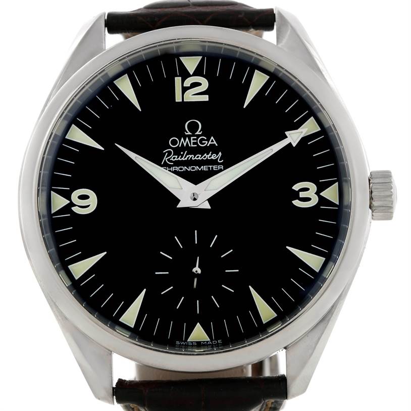 The image shows a frontal view of the Omega Aqua Terra 2806.52.37 Men's Stainless Steel Black Dial 2806.52.37 Men's Stainless Steel Black Dial Railmaster watch face, highlighting the dial, hands, and bezel.