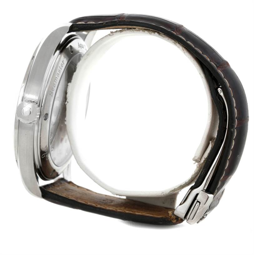 The Omega Aqua Terra 2806.52.37 Men's Stainless Steel Black Dial 2806.52.37 Men's Stainless Steel Black Dial watch is shown from a side angle highlighting the case back, crown, and leather strap with a buckle.