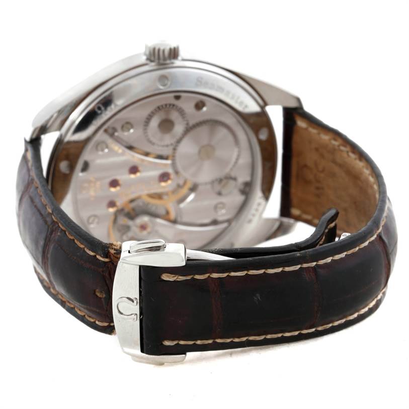 The image shows the back view of the Omega Aqua Terra 2806.52.37 Men's Stainless Steel Black Dial 2806.52.37 Men's Stainless Steel Black Dial watch, highlighting its movement and leather strap with buckle.