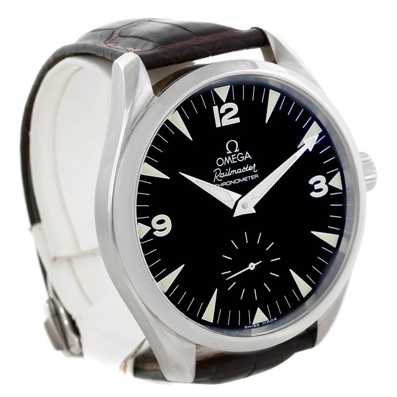 The Omega Aqua Terra 2806.52.37 Men's Stainless Steel Black Dial 2806.52.37 Men's Stainless Steel Black Dial Railmaster watch is shown at a slight side angle, displaying the dial, hands, and part of the strap.