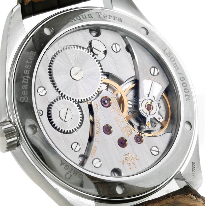 The image shows the back of an Omega Aqua Terra 2806.52.37 Men's Stainless Steel Black Dial 2806.52.37 Men's Stainless Steel Black Dial watch, highlighting its intricate mechanical movement parts.