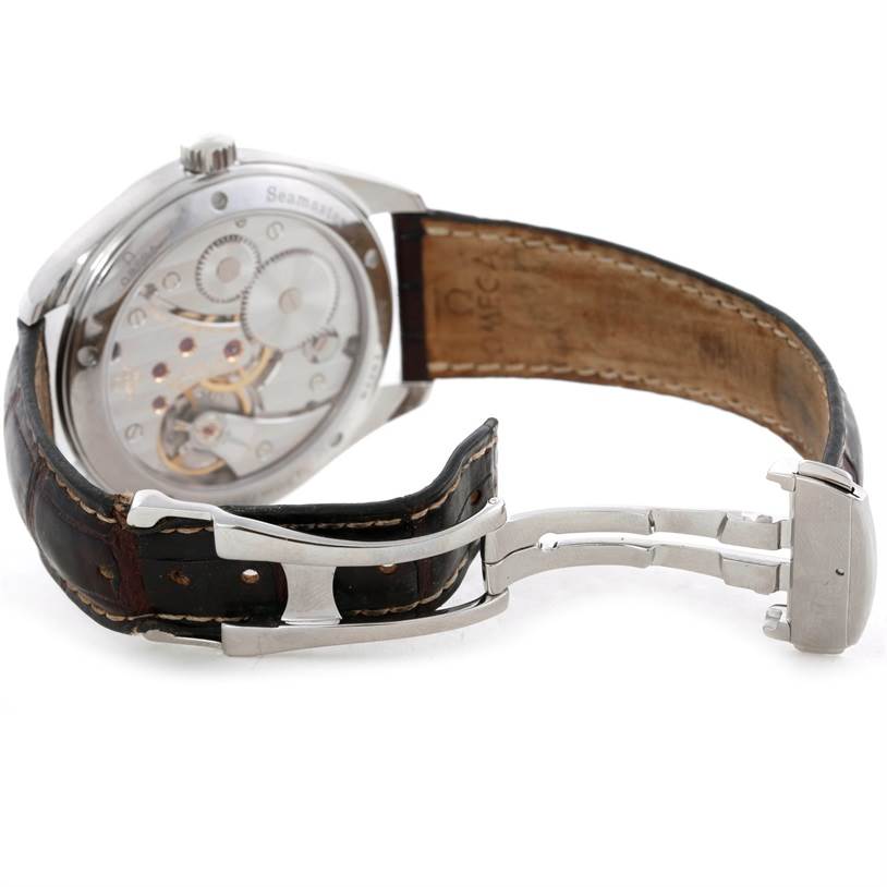 The image shows the back of the Omega Aqua Terra 2806.52.37 Men's Stainless Steel Black Dial 2806.52.37 Men's Stainless Steel Black Dial watch, highlighting its exposed movement and leather strap with a deployment clasp.