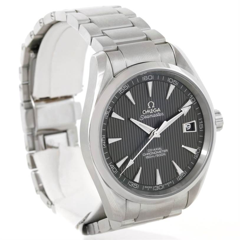 The Omega Aqua Terra 231.10.42.21.06.001 Men
s Stainless Steel Grey Dial 231.10.42.21.06.001 Men
s Stainless Steel Grey Dial watch is shown at a slight angle, displaying its face, bezel, and metal bracelet.