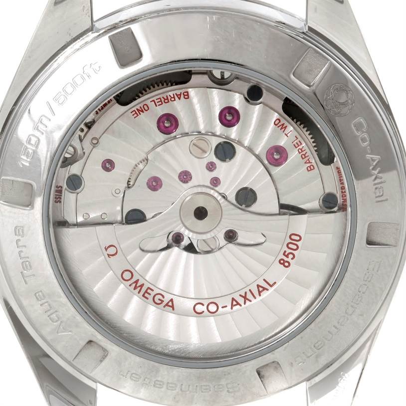The image shows the back view of the Omega Aqua Terra 231.10.42.21.06.001 Men
s Stainless Steel Grey Dial 231.10.42.21.06.001 Men
s Stainless Steel Grey Dial watch, highlighting the Co-Axial 8500 movement.