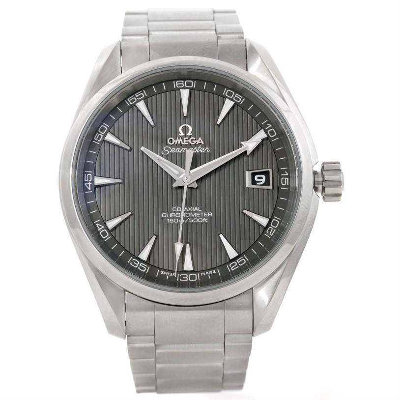 The image shows a front view of the Omega Aqua Terra 231.10.42.21.06.001 Men
s Stainless Steel Grey Dial 231.10.42.21.06.001 Men
s Stainless Steel Grey Dial watch, highlighting the dial, hour markers, hands, and bracelet.