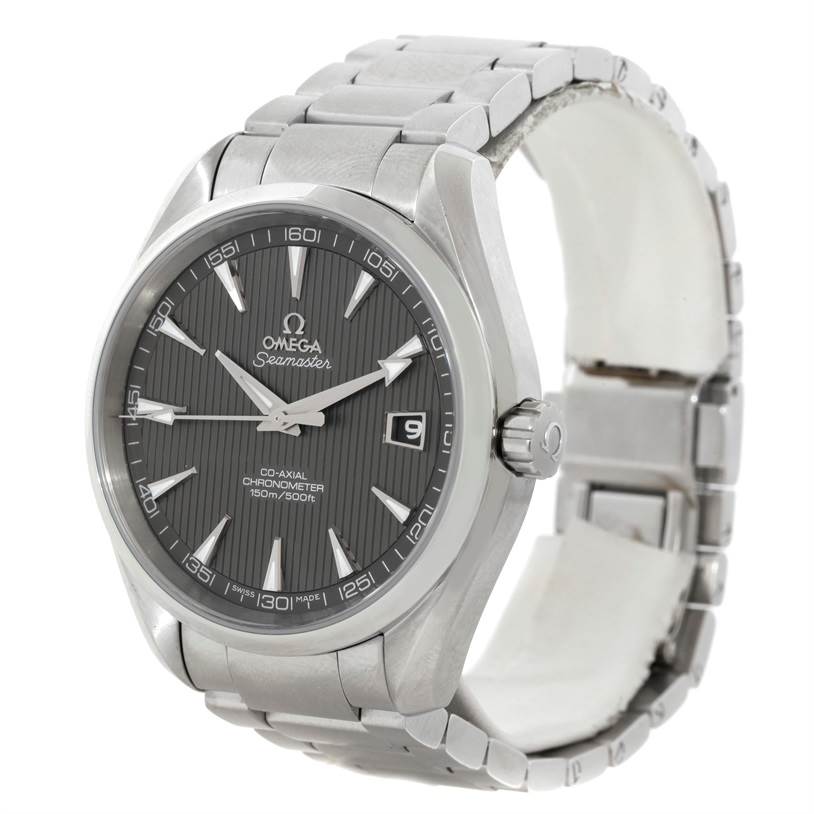 The image shows a front angle view of the Omega Aqua Terra 231.10.42.21.06.001 Men
s Stainless Steel Grey Dial 231.10.42.21.06.001 Men
s Stainless Steel Grey Dial watch, detailing its face, bezel, bracelet, and crown.