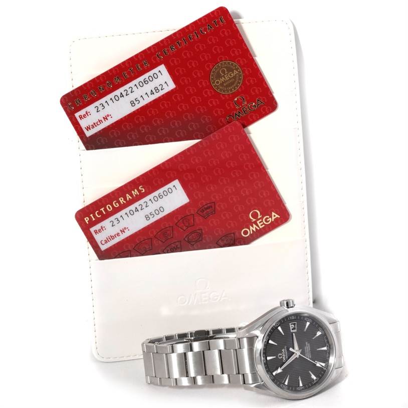 The image shows an Omega Aqua Terra 231.10.42.21.06.001 Men
s Stainless Steel Grey Dial 231.10.42.21.06.001 Men
s Stainless Steel Grey Dial watch with a stainless steel bracelet, along with its chronometer certificate and pictograms card.