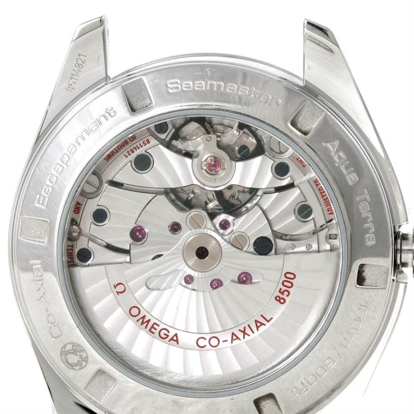 This image shows the backside of the Omega Aqua Terra 231.10.42.21.06.001 Men
s Stainless Steel Grey Dial 231.10.42.21.06.001 Men
s Stainless Steel Grey Dial watch, displaying the movement and "Seamaster" branding.