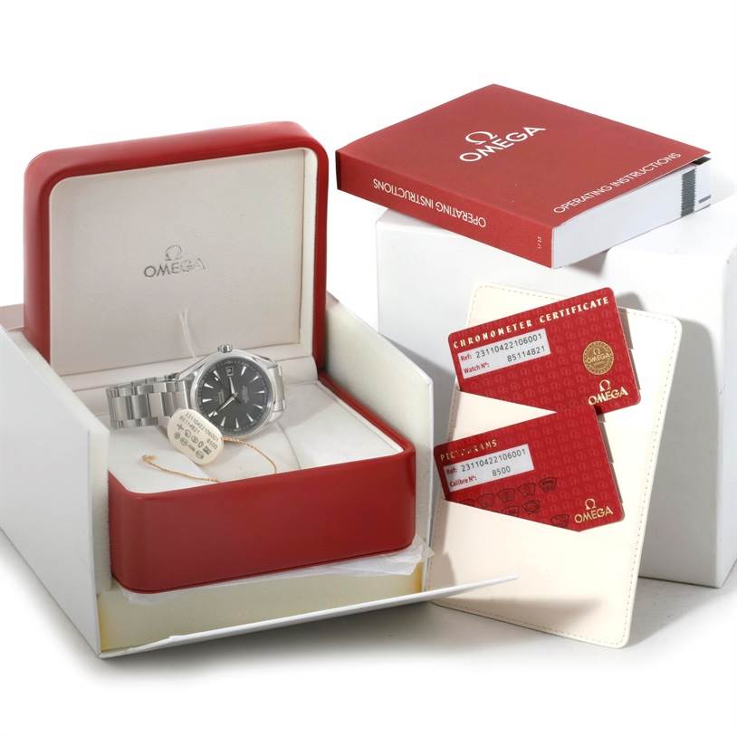 This image shows an Omega Aqua Terra 231.10.42.21.06.001 Men
s Stainless Steel Grey Dial 231.10.42.21.06.001 Men
s Stainless Steel Grey Dial watch, its box, two certificates, and an instruction manual.