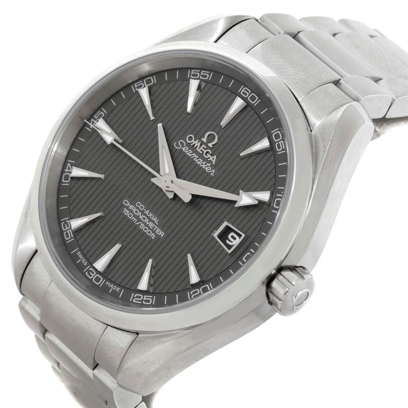This image shows the Omega Aqua Terra 231.10.42.21.06.001 Men
s Stainless Steel Grey Dial 231.10.42.21.06.001 Men
s Stainless Steel Grey Dial watch at an angled view displaying its face, bezel, part of the bracelet, and crown.