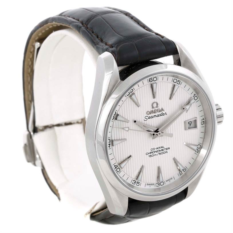 The Omega Aqua Terra 231.10.42.21.02.001 Men
s Stainless Steel Silver Dial 231.10.42.21.02.001 Men
s Stainless Steel Silver Dial watch is shown at an angle displaying its face, crown, dial, and leather strap.