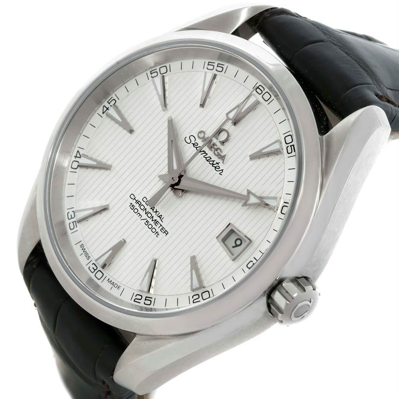 The image shows the dial, case, crown, and part of the strap of the Omega Aqua Terra 231.10.42.21.02.001 Men
s Stainless Steel Silver Dial 231.10.42.21.02.001 Men
s Stainless Steel Silver Dial watch, taken at an angled view.