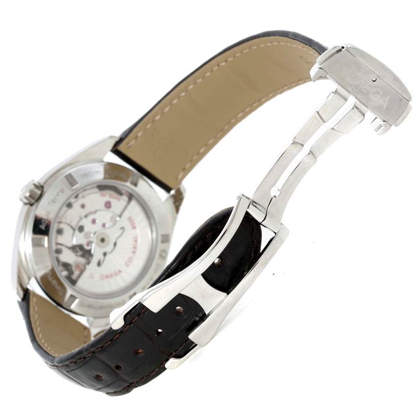 The image shows the back of the Omega Aqua Terra 231.10.42.21.02.001 Men
s Stainless Steel Silver Dial 231.10.42.21.02.001 Men
s Stainless Steel Silver Dial watch, highlighting its movement and clasp mechanism.