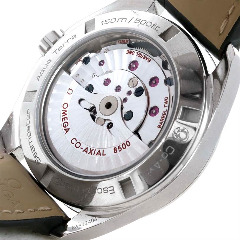 The image shows the back view of the Omega Aqua Terra 231.10.42.21.02.001 Men
s Stainless Steel Silver Dial 231.10.42.21.02.001 Men
s Stainless Steel Silver Dial watch, highlighting the Co-Axial 8500 movement.