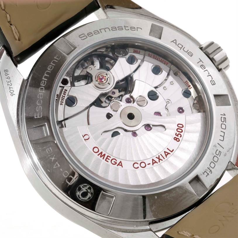 The image shows the back view of an Omega Aqua Terra 231.10.42.21.02.001 Men
s Stainless Steel Silver Dial 231.10.42.21.02.001 Men
s Stainless Steel Silver Dial watch, highlighting its Co-Axial 8500 movement.