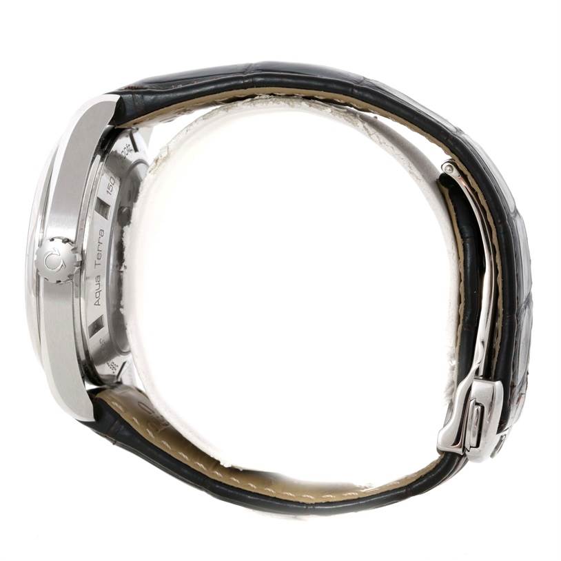 The image shows a side view of the Omega Aqua Terra 231.10.42.21.02.001 Men
s Stainless Steel Silver Dial 231.10.42.21.02.001 Men
s Stainless Steel Silver Dial watch, highlighting the case, crown, and strap with the clasp.