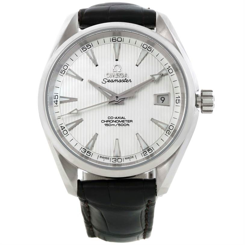 The image shows a frontal view of the Omega Aqua Terra 231.10.42.21.02.001 Men
s Stainless Steel Silver Dial 231.10.42.21.02.001 Men
s Stainless Steel Silver Dial watch, displaying the dial, hands, date window, and a black leather strap.