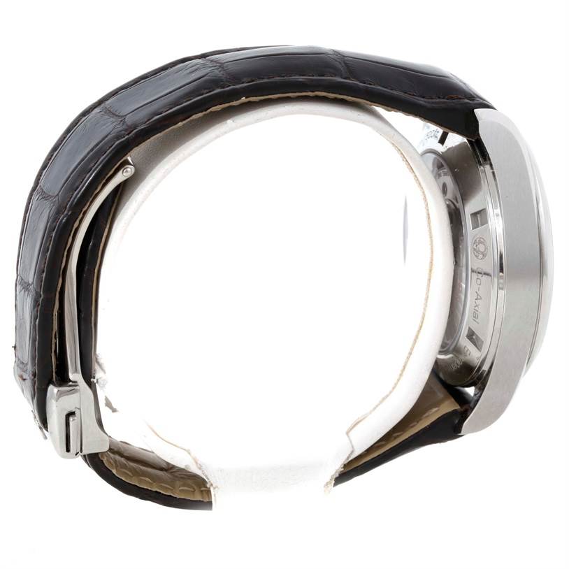 The image displays the side profile of an Omega Aqua Terra 231.10.42.21.02.001 Men
s Stainless Steel Silver Dial 231.10.42.21.02.001 Men
s Stainless Steel Silver Dial watch, showcasing its leather strap and partially visible case back.