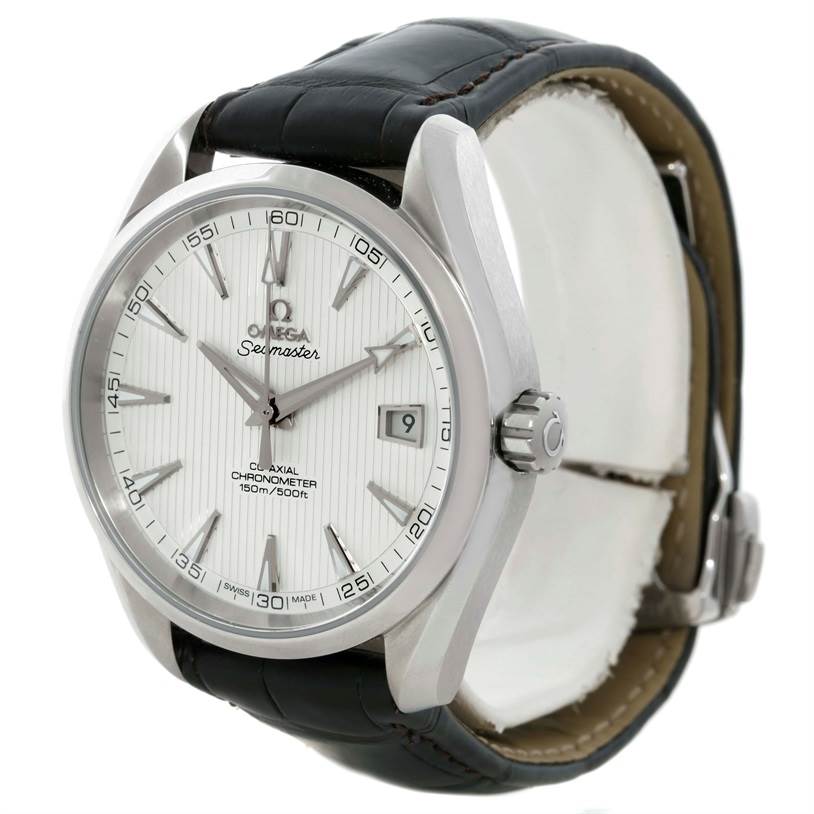 The image shows an Omega Seamaster Aqua Terra watch at a three-quarter angle, highlighting the face, crown, and leather strap.