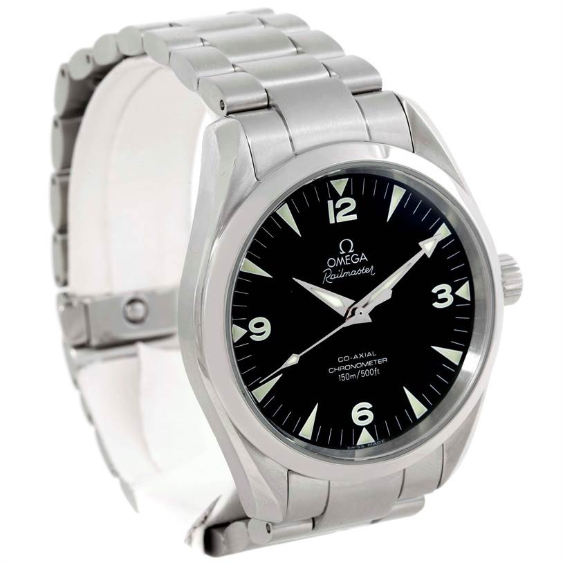 The image shows an Omega Aqua Terra 2503.52.00 Men
s Stainless Steel Black Dial 2503.52.00 Men
s Stainless Steel Black Dial Railmaster watch from an angled view, highlighting the dial, case, and bracelet.