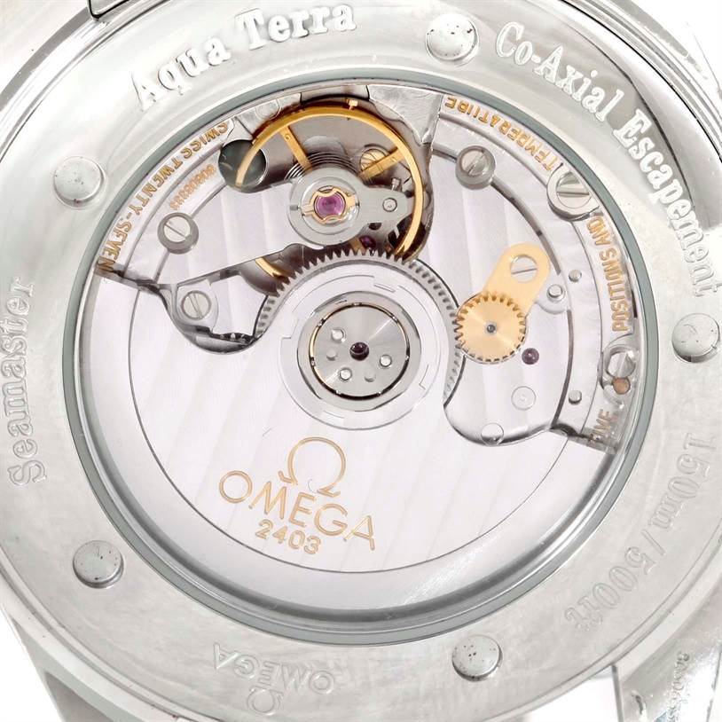 This image shows the back view of an Omega Aqua Terra 2503.52.00 Men
s Stainless Steel Black Dial 2503.52.00 Men
s Stainless Steel Black Dial watch, highlighting its Co-Axial Escapement mechanism.