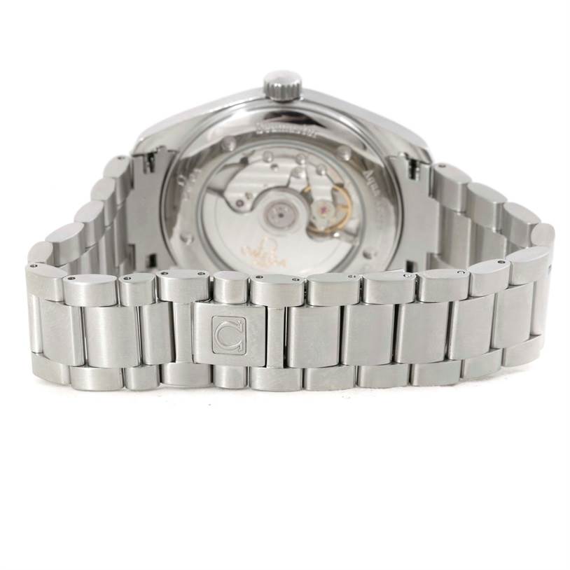 This image shows the back view of the Omega Aqua Terra 2503.52.00 Men
s Stainless Steel Black Dial 2503.52.00 Men
s Stainless Steel Black Dial watch, highlighting its bracelet and exposed movement.