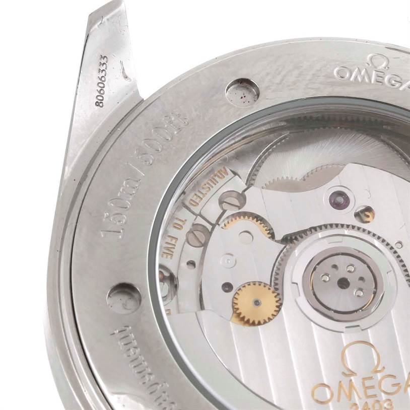 This image displays the rear view of the Omega Aqua Terra 2503.52.00 Men
s Stainless Steel Black Dial 2503.52.00 Men
s Stainless Steel Black Dial model, showing the inner mechanical movement through the transparent case back.