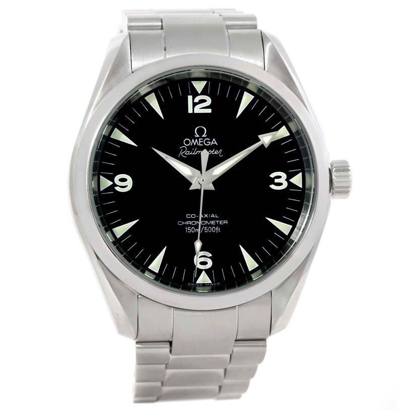 The image shows a front view of the Omega Aqua Terra 2503.52.00 Men
s Stainless Steel Black Dial 2503.52.00 Men
s Stainless Steel Black Dial Railmaster watch, displaying the face, case, bezel, crown, and bracelet.