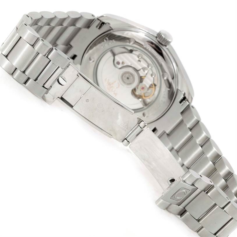 The image shows the back view of an Omega Aqua Terra 2503.52.00 Men
s Stainless Steel Black Dial 2503.52.00 Men
s Stainless Steel Black Dial watch, highlighting its open case back and metal bracelet clasp.